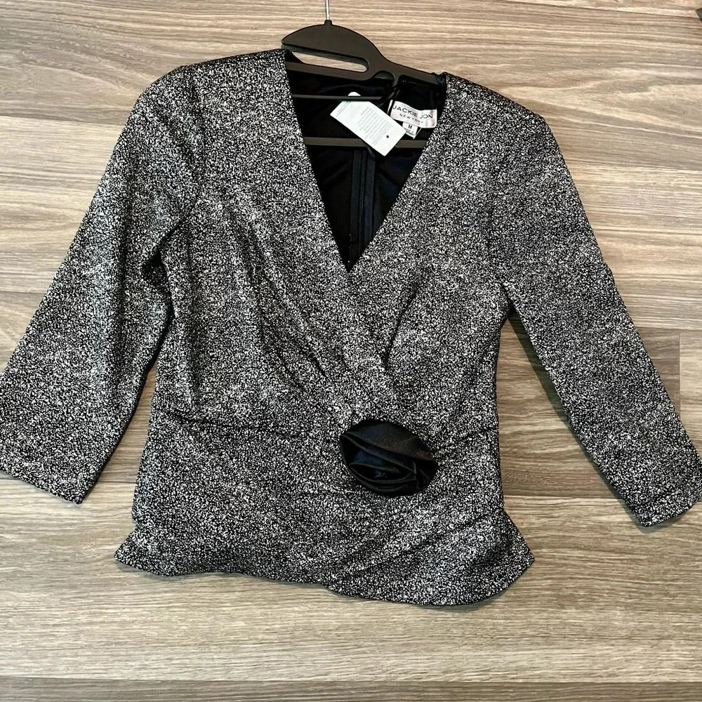 NWT Vintage black bubble top, faux wrap top, black rose, sequin top Jackie Jon